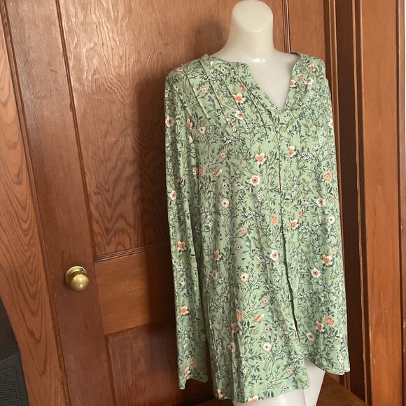 Anydeer Womens Casual Daisy Print Tunic Top Pleated Sz XL Green NWT V Neck - Picture 3 of 12